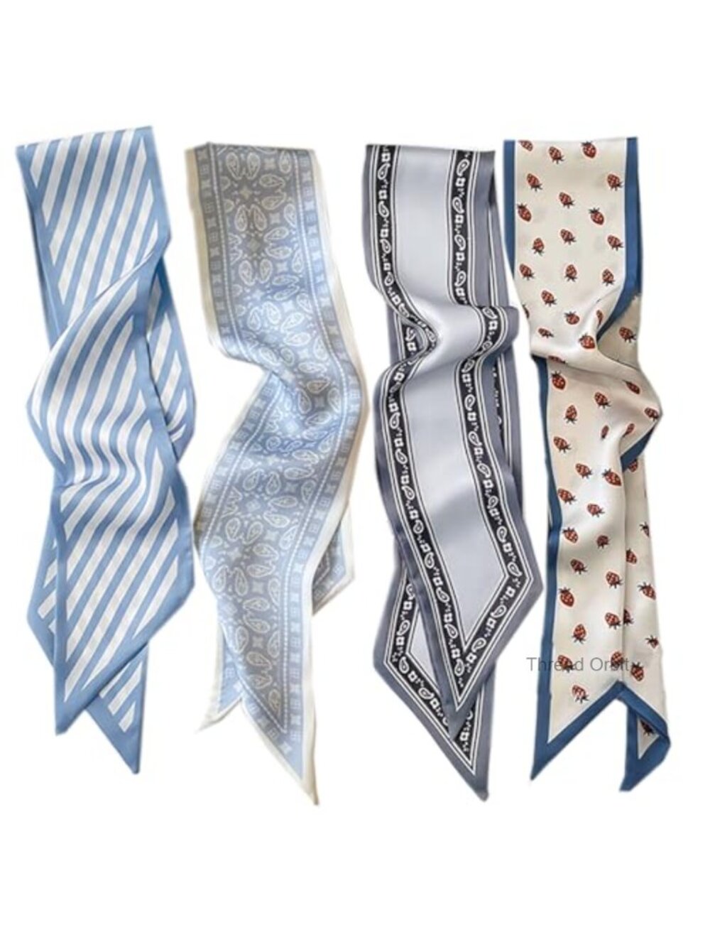 4 Pc Imitation Silk Purse Scarf Skinny Twill Hair Neck Scarf Set